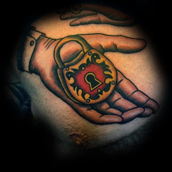 Hand Holding Lock Old School Chest Tattoos For Men
