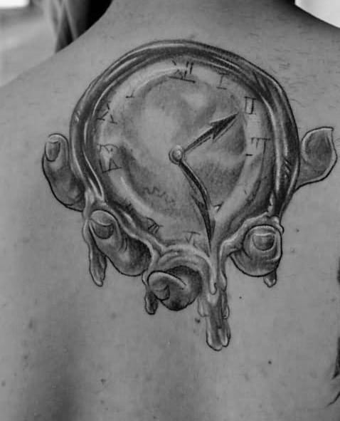 Hand Holding Melting Clock Mens Upper Back Tattoos