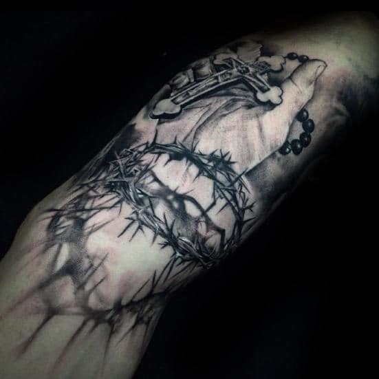 Hand Holding Rosary With Thorns Guys Arm Shaded Tattoo Design Ideas