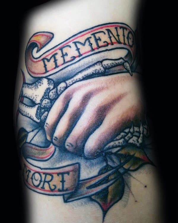 Hand Holding Skeleton Mens Memento Mori Arm Tattoos