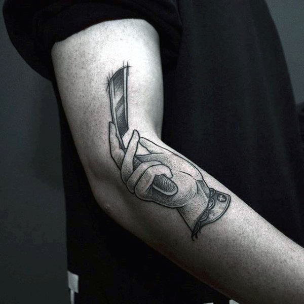 Hand Holding Straight Razor Tattoo Male Arms