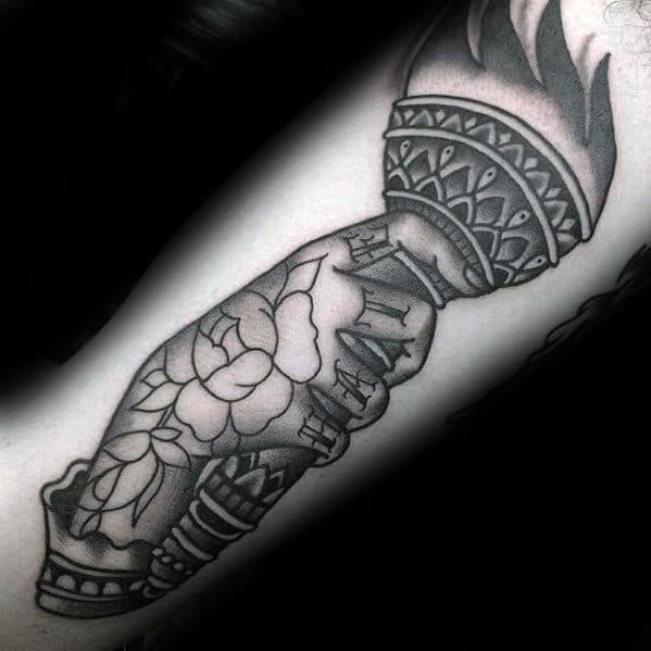 Hand Holding Torch Traditional Guys Forearm Tattoos