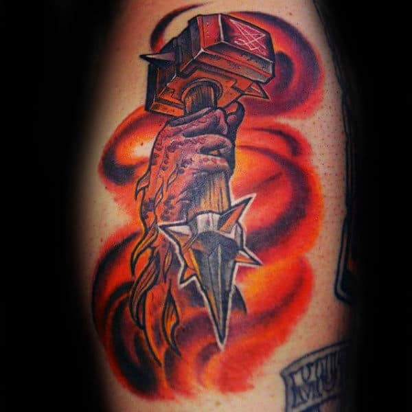 Hand Holding War Hammer Mens Leg Tattoo