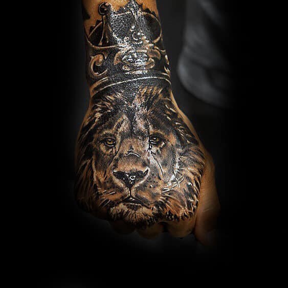 Hand Lion With Crown Tattoo For Guys