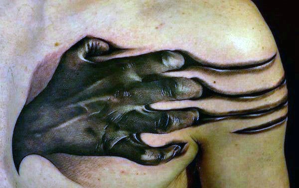 Hand Ripping Through Skin Optical Illusion Tattoo For Guys