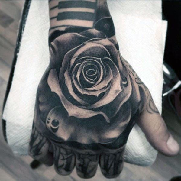 Hand Rose Flower Water Drop Guys Tattoo Ideas