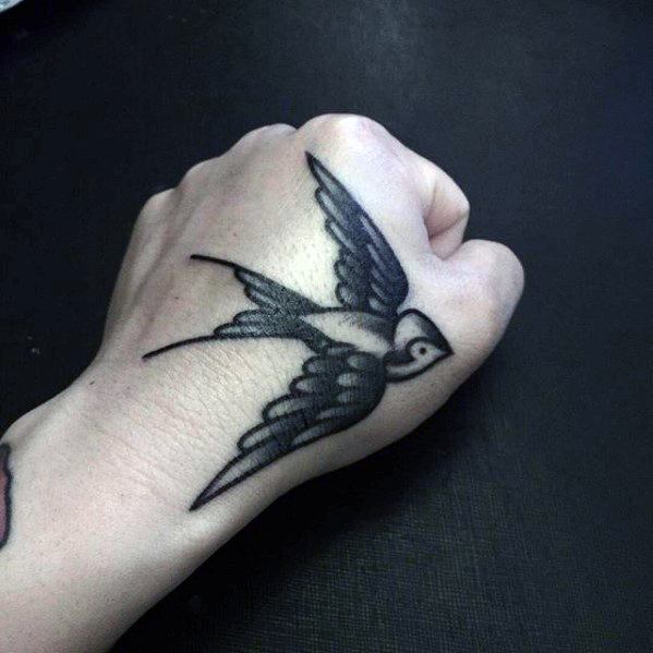 Hand Simple Traditional Flying Sparrow Tattoos For Men