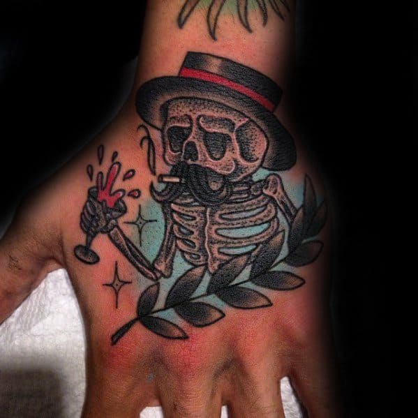 Hand Skeleton Drinking Wine Tattoo Design On Man
