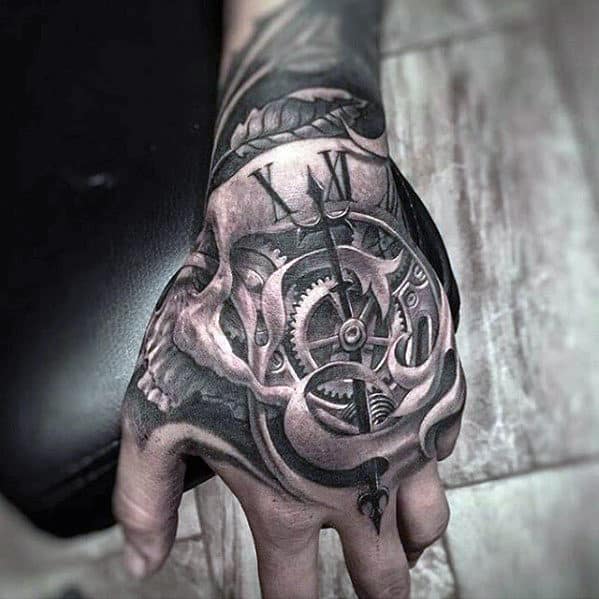 Hand Tattoo For Men With Unbelievable 3d Skull And Clock Design