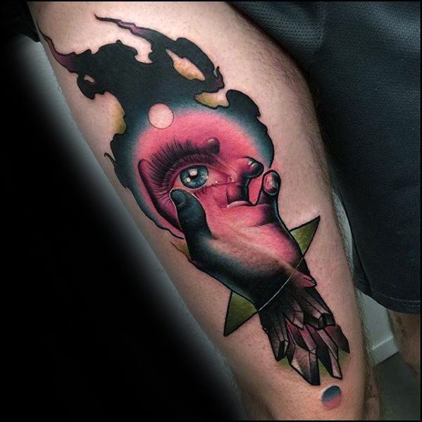 Hand With Eye Male Cool Rad Thigh Modern Tattoo Ideas