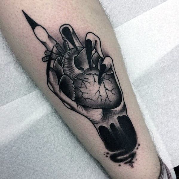 Hand With Heart Guys Artistic Different Leg Tattoo Designs