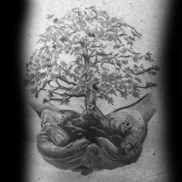 Hands Holding Bonsai Tree Mens Rib Cage Tattoo