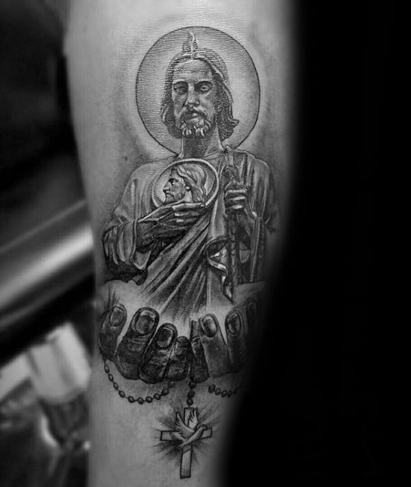 Hands Holding Cross With St Jude Mens Arm Tattoo