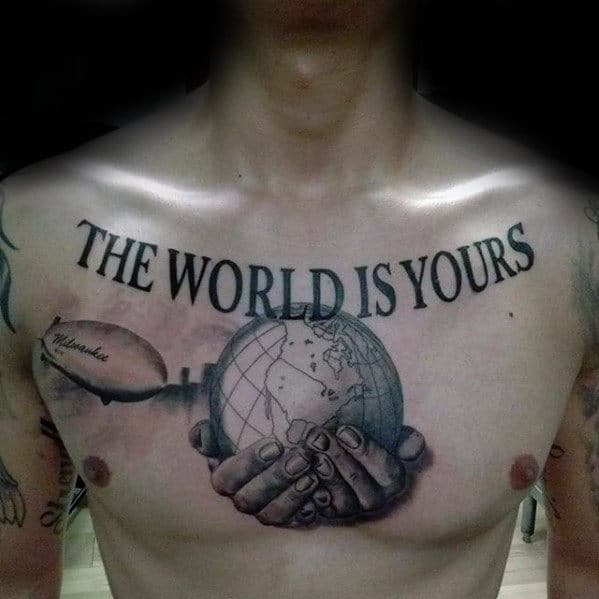Hands Holding Globe Guys The World Is Yours Upper Chest Tattoos