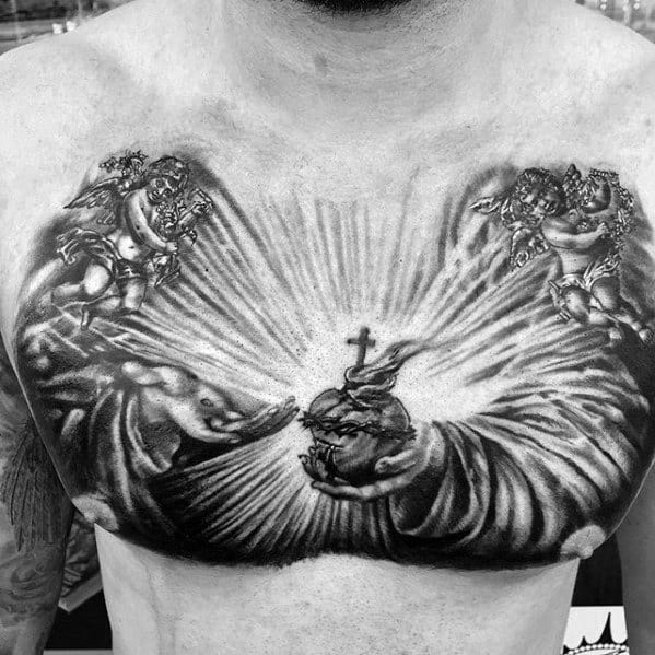 Hands Holding Sacred Heart With Angels Mens Sweet Upper Chest Tattoos