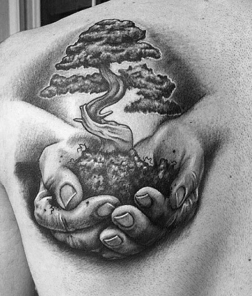 Hands Holding Tree Of Life Mens Upper Back Tattoos