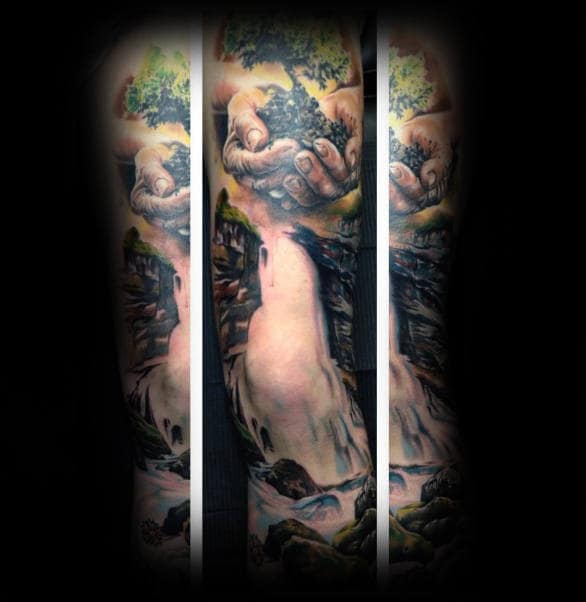 Hands Holding Tree Of Life With Waterfall Mens Sleeve Tattoos