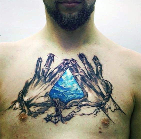 Hands Making The Shape Of A Triangle With Cloudy Sky Mens Upper Chest Tattoos