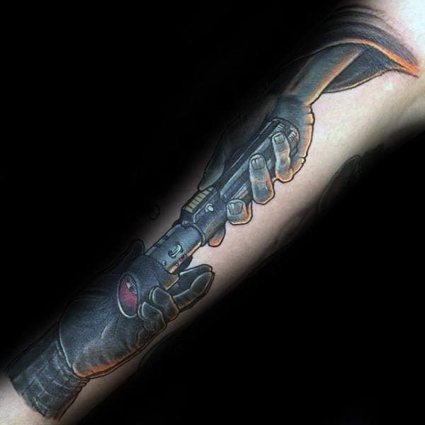 Hands Passing Lightsaber Mens Forearm Tattoo
