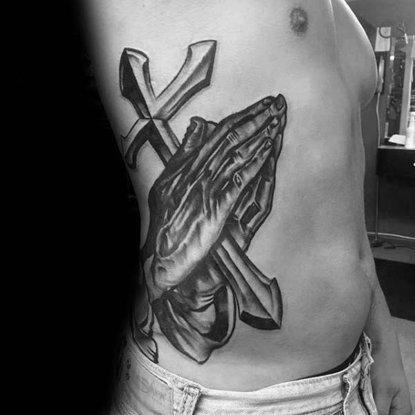 Hands Praying With Cross Nice Guys Ribs Tattoos