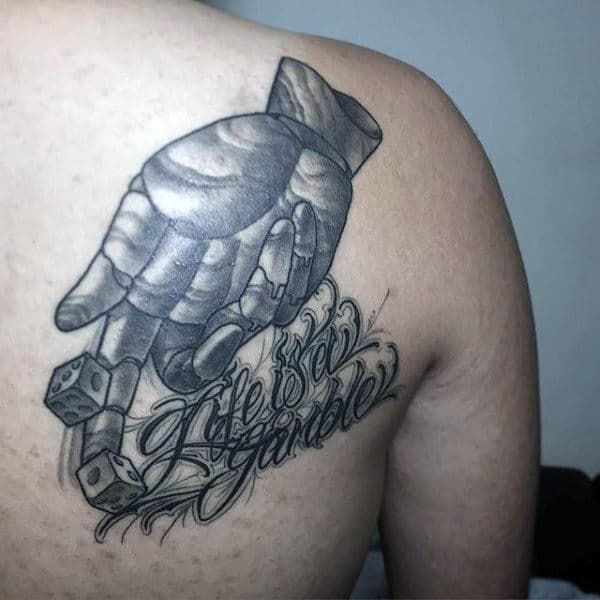 Hands Rolling Dice Tattoo For Men On Back Of Shoulder