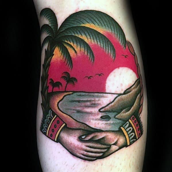Hands With Beach Landscape Guys Traditional Tattoo Ideas