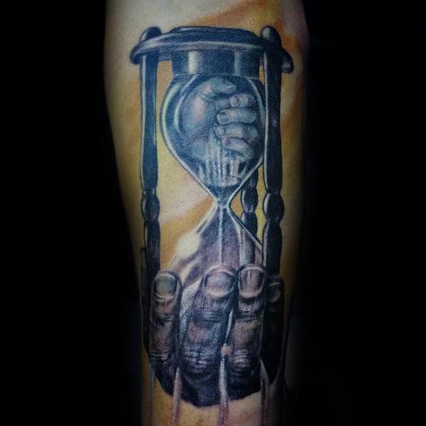 Hands With Broken Hourglass Guys Inner Forearm Tattoo