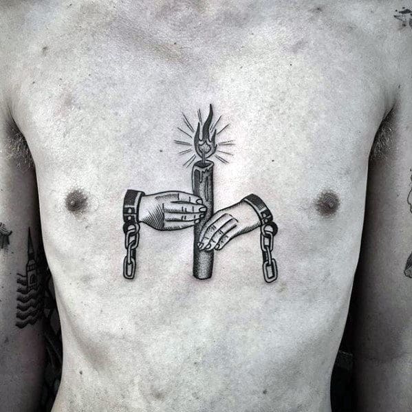 Hands With Chains Holding Candle Guys Traditional Chest Tattoo