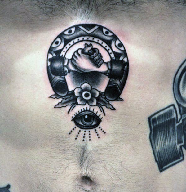 Handshake Horseshoe Mens Stomach Tattoo