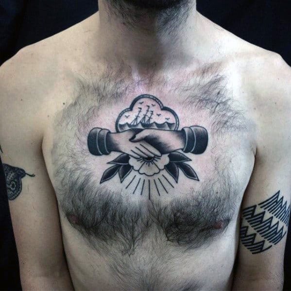 Handshake With Sailing Ship Traditional Mens Upper Chest Tattoo