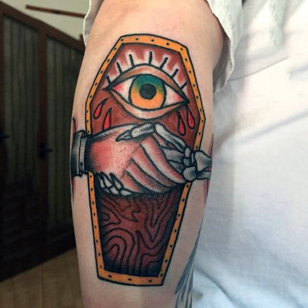 Handshake Wooden Coffin Tattoo With Eye For Guys