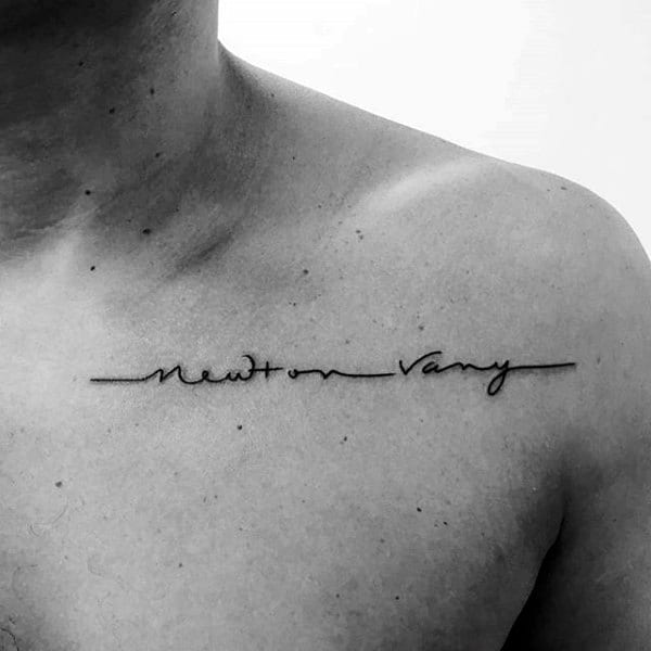 Minimalist collarbone tattoo featuring the cursive words "Newton Vary" written along the collarbone in a thin, handwritten style