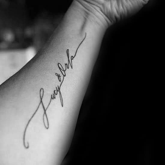 Handwritten Name Font Tattoo For Guys On Inner Forearms