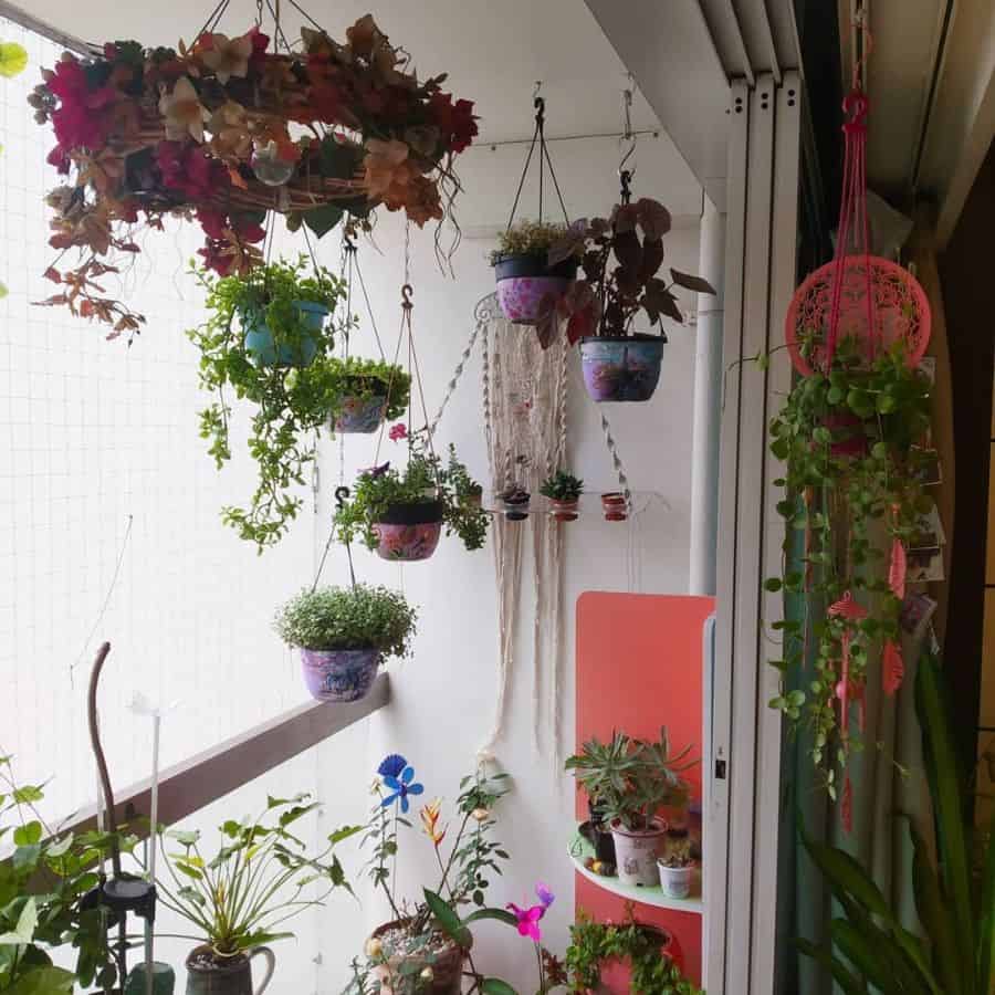 Balcony garden with multiple colorful hanging planters and potted plants on shelves.