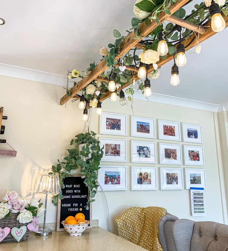 hanging bulbs attached to ladder with vine plant