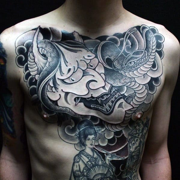 Hannya Demon Mens Snake Japanese Chest Tattoo