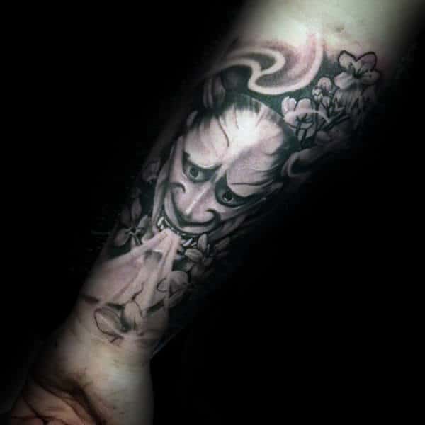 Hannya Mask Blowing Wind Mens Inner Forearm Tattoo