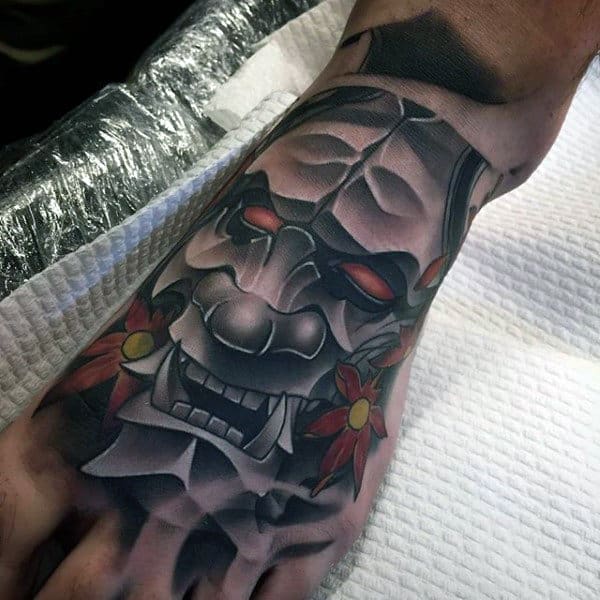 Hannya Mask Foot Tattoos For Guys With Metallic Design