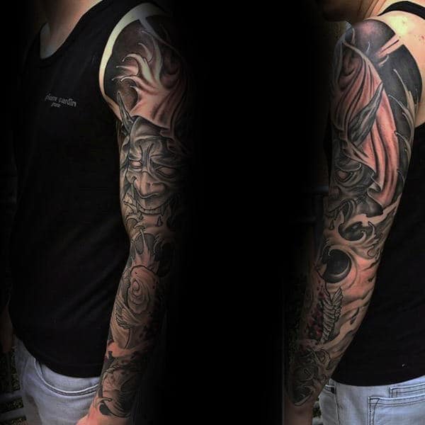Hannya Mask Full Sleeve Black And Shaded Male Tattoo Inspiration