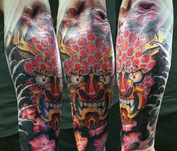 Hannya Mask Tatto With Leering Mouth Guys Forearm Sleeve Tattoo Ideas
