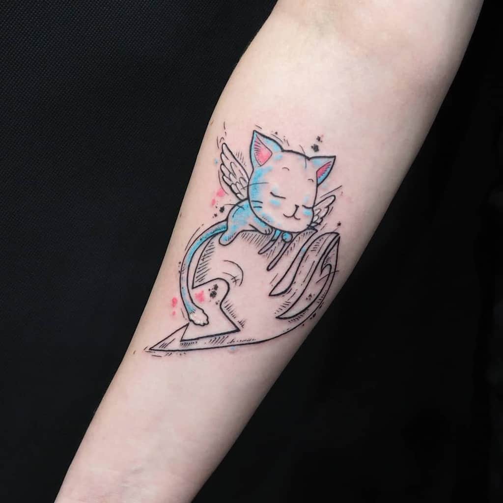 Fairy Tail-inspired tattoo of Happy, the flying blue cat with angelic wings, riding the iconic Fairy Tail guild emblem in sketch style.