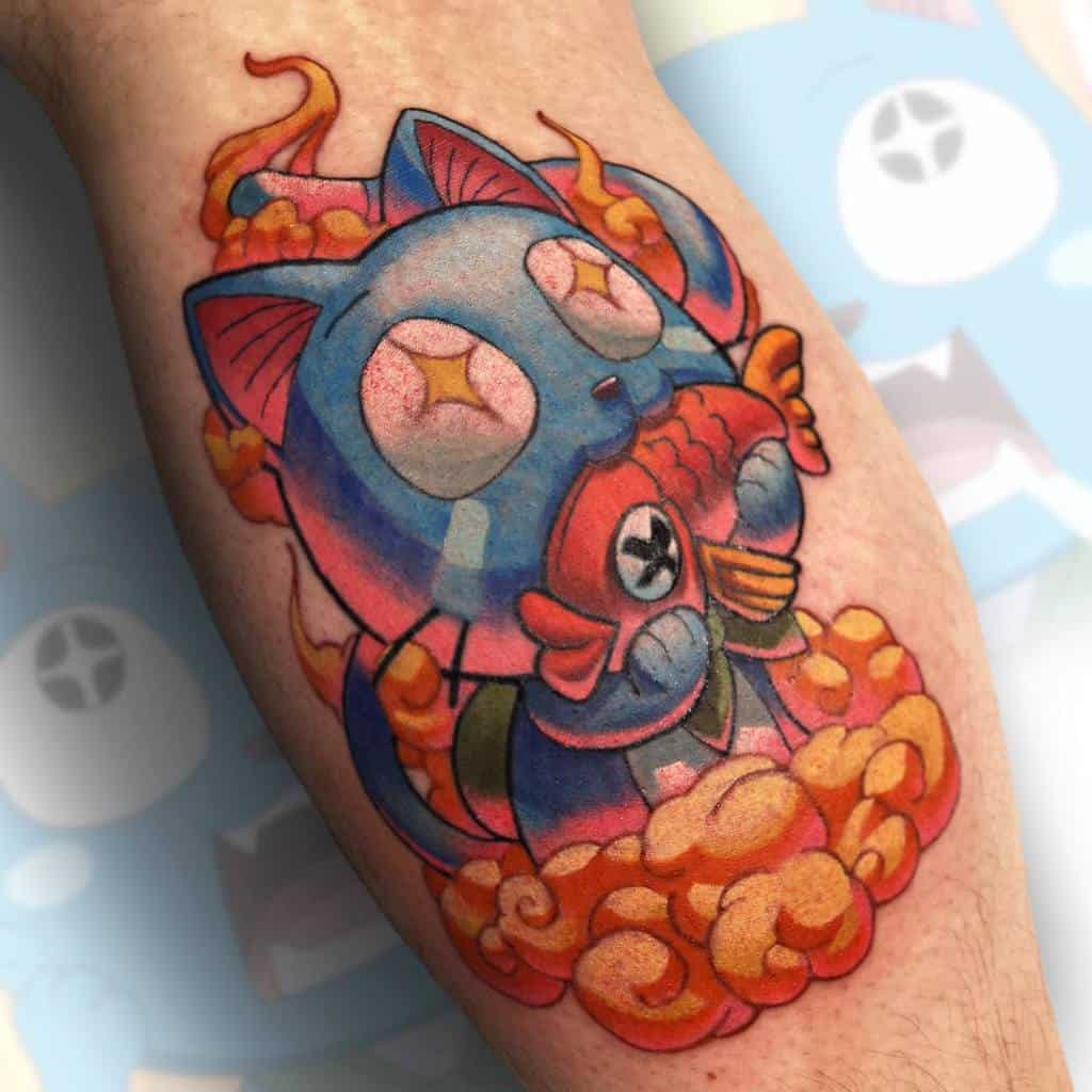 Vibrant tattoo of Happy from Fairy Tail in a playful, stylized design, featuring bold colors, glowing eyes, and a koi fish surrounded by clouds.