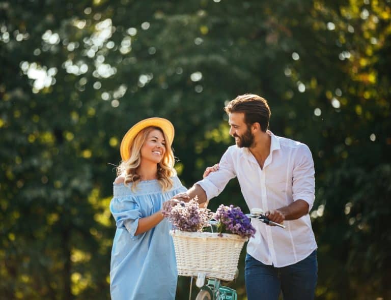 happy couple walking outdoor