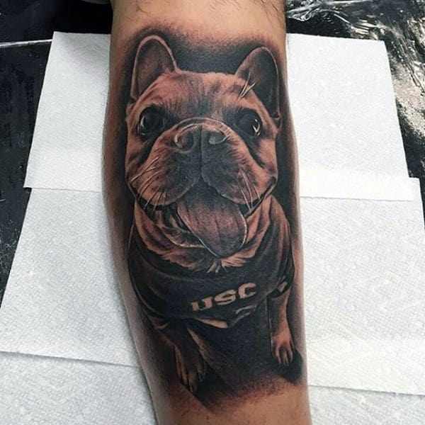 Happy Dog Tattoo With Tounge Hanging Out On Mans Leg