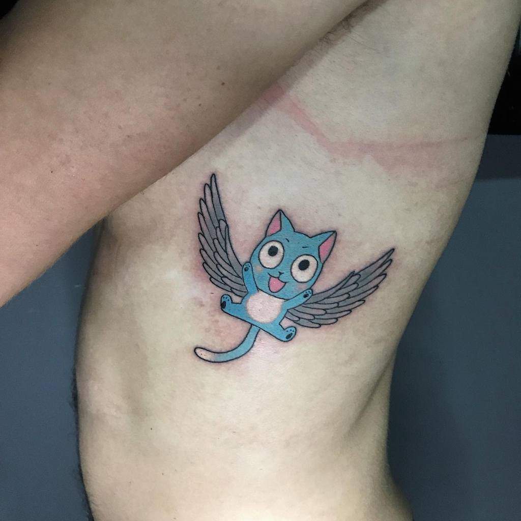 This tattoo features a simple and clean design of Happy from *Fairy Tail*, with wings spread wide, placed on the rib area.
