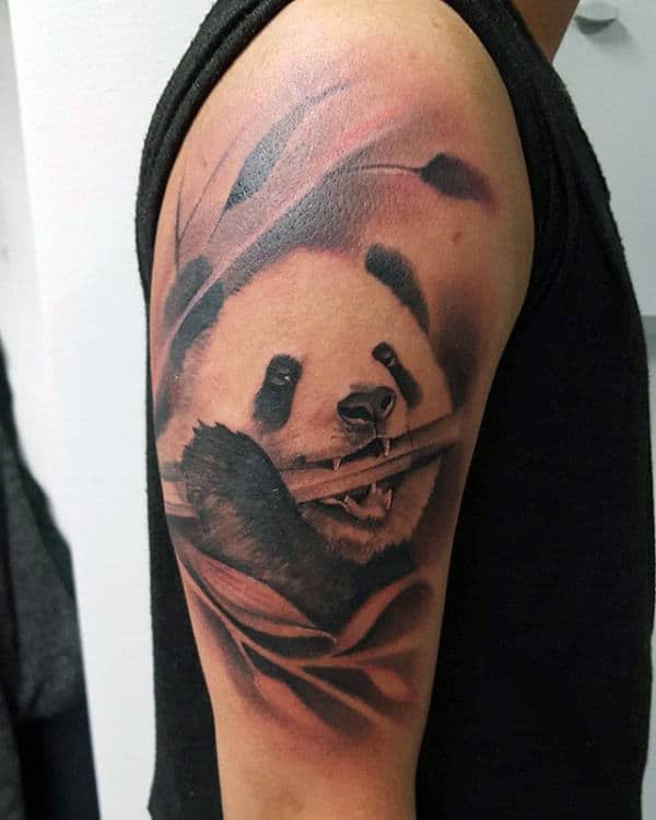 Happy Panda Bear Eating Plant Mens Arm Tattoo With Shaded Design