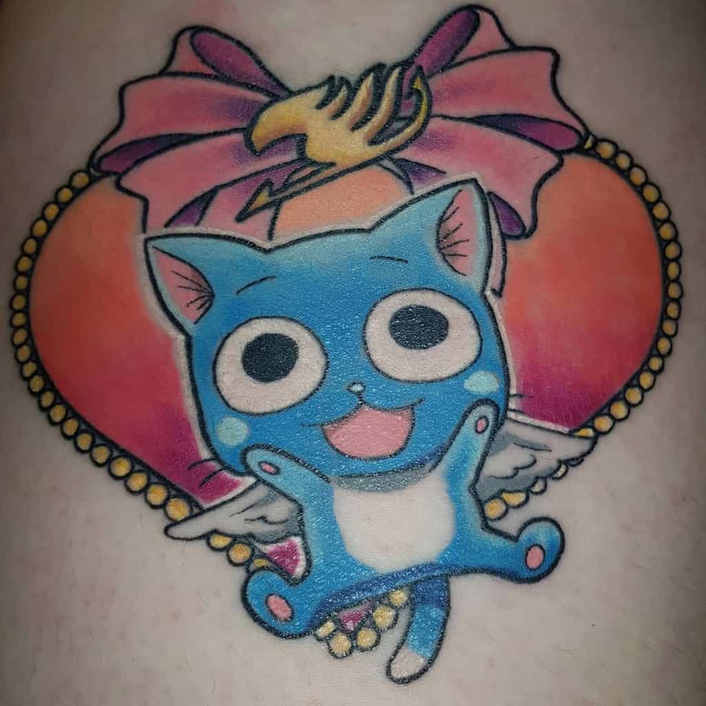 This tattoo features Happy from *Fairy Tail* with a heart, pink bow, and the Fairy Tail emblem, creating a vibrant and playful design.