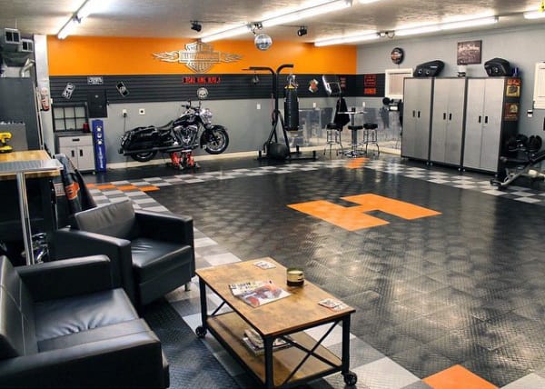 Harley Davidson Letter H Orange Garage Flooring With Black Locking Tiles