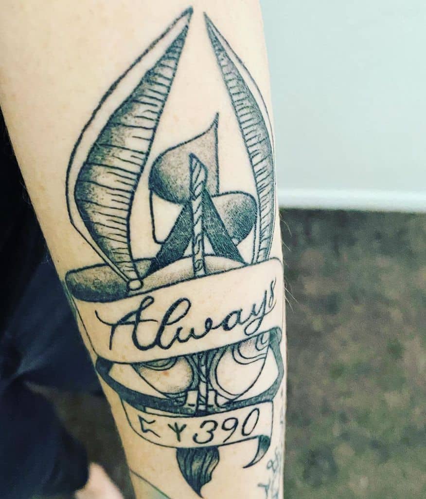 Harry Potter-inspired tattoo featuring the Deathly Hallows symbol, a banner with 'Always,' and intricate black ink shading with feather details.
