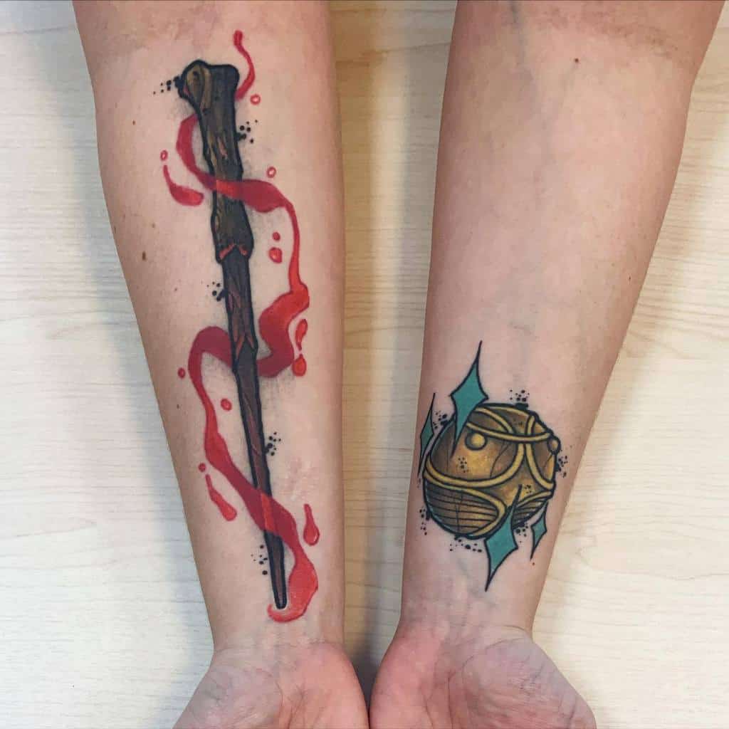 Harry Potter-themed tattoos featuring a wand with red magical energy on one arm and a Golden Snitch with sparkles